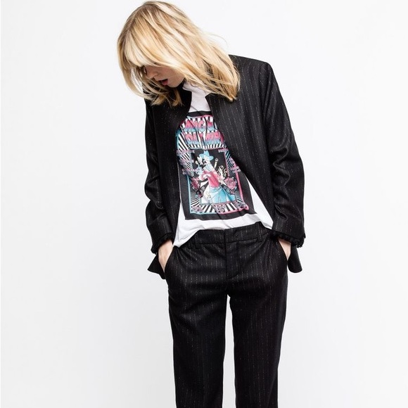 ZADIG & VOLTAIRE Sz S Volly Striped Wool Metallic Blazer Noir Open Fringe Cuffs - Picture 1 of 14